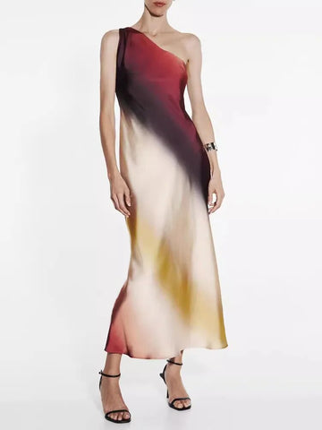 Comfortable Color-Collicted Gradient Elegant Shoulder High-Waisted Temperament Dress